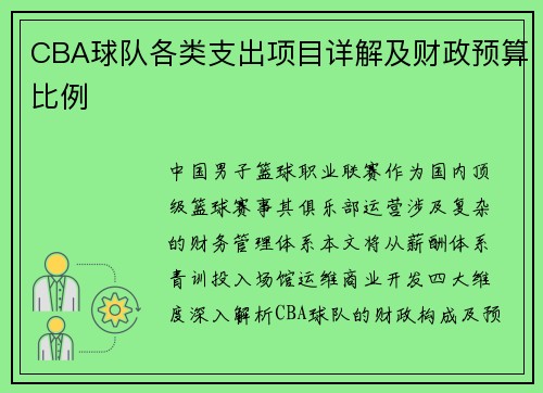 CBA球队各类支出项目详解及财政预算比例