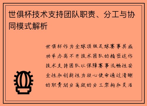 世俱杯技术支持团队职责、分工与协同模式解析